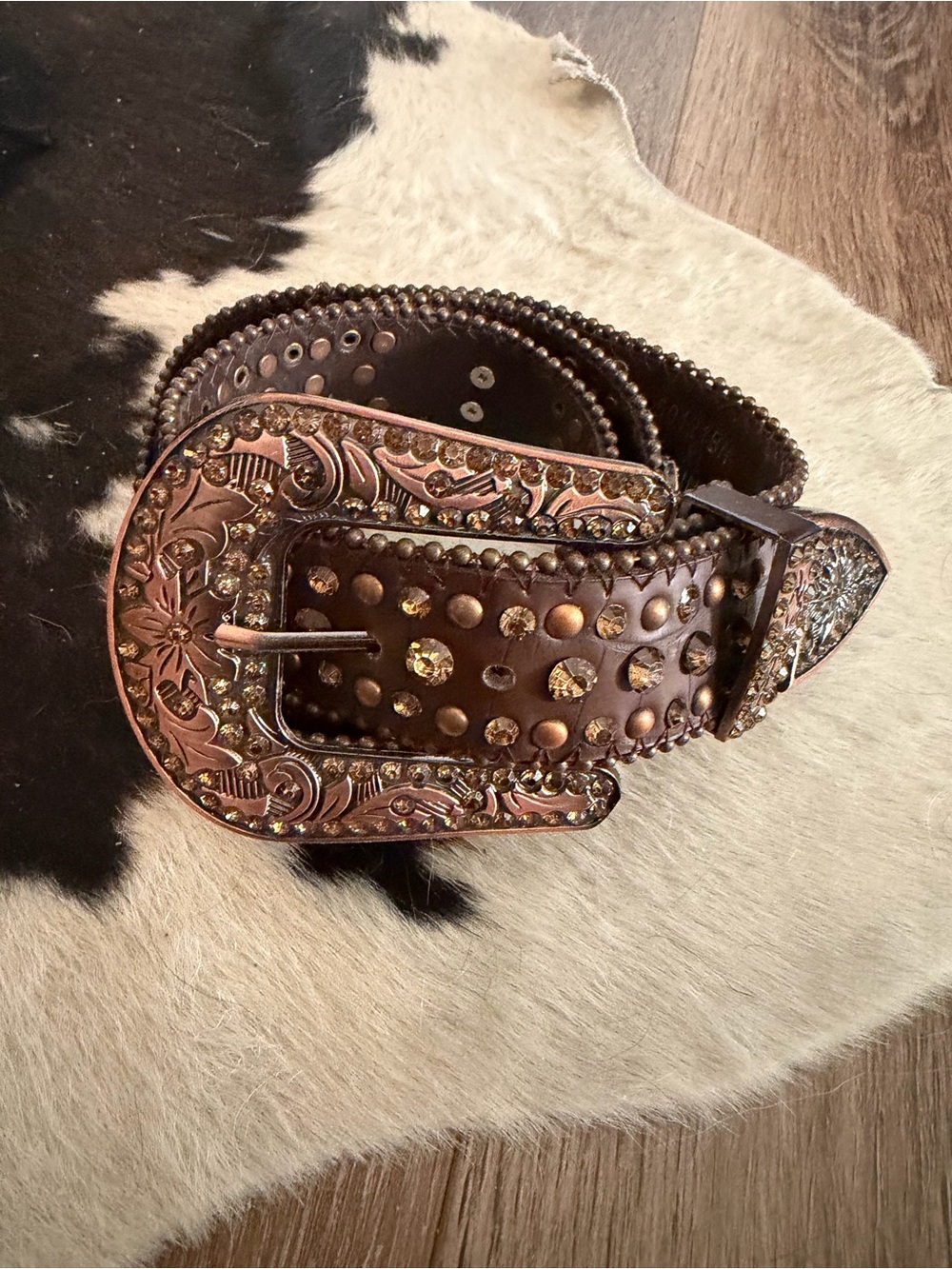Brown Rhinestone studded Western Leather Belt with Decorative Buckle NWOT